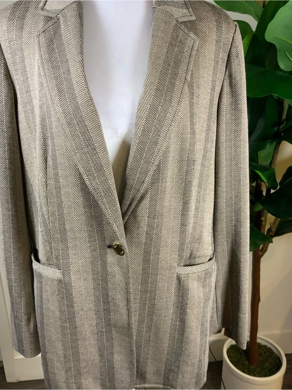 Anne Klein Taupe Striped Single-Button Blazer